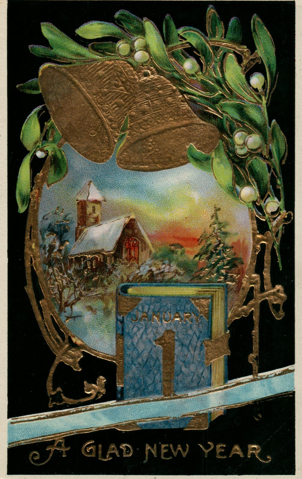 Gel Winter Church Scene Gold Bells Holly Glad New Year Postcard Series 7004-A