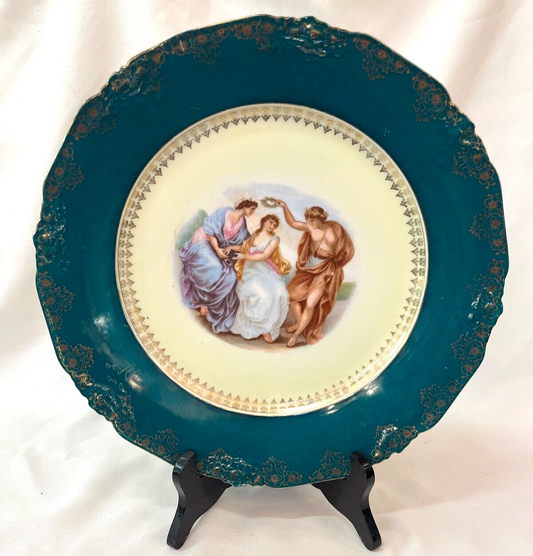 Vintage 13" Unmarked Limoge Like French Green Decorative Plate with Gold Trim