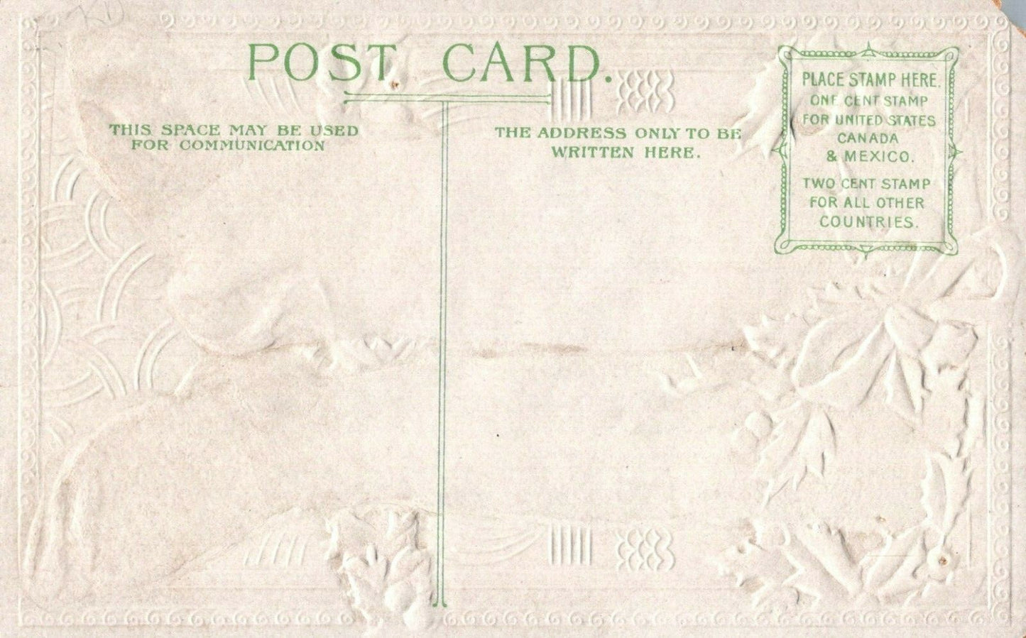 Glitter Happy New Year White Stripe Socks Green Bow Holly Silver Gilt Postcard