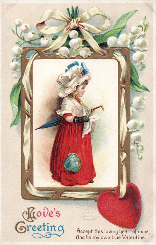 Postcard Valentine Fancy Girl Umbrella Letter Embossed Ellen Clapsaddle c1910s