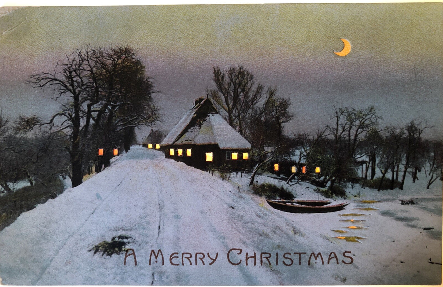 Hold to the Light A Merry Christmas House Trees Boat Moon Postcard