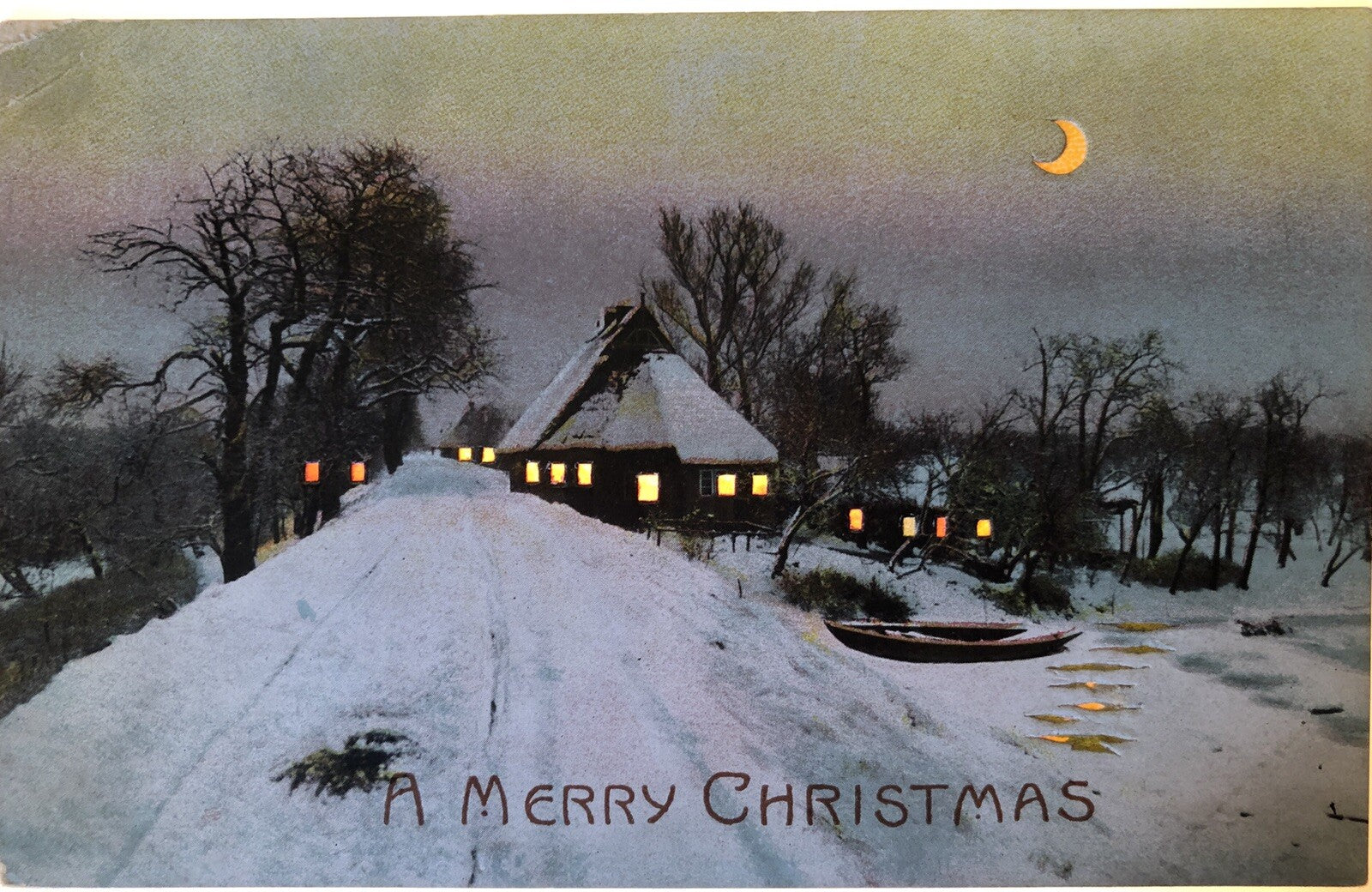 Hold to the Light A Merry Christmas House Trees Boat Moon Postcard