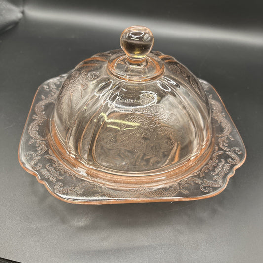Vintage Madrid Style Pink Depression Glass Reproduction Covered Butter Dish