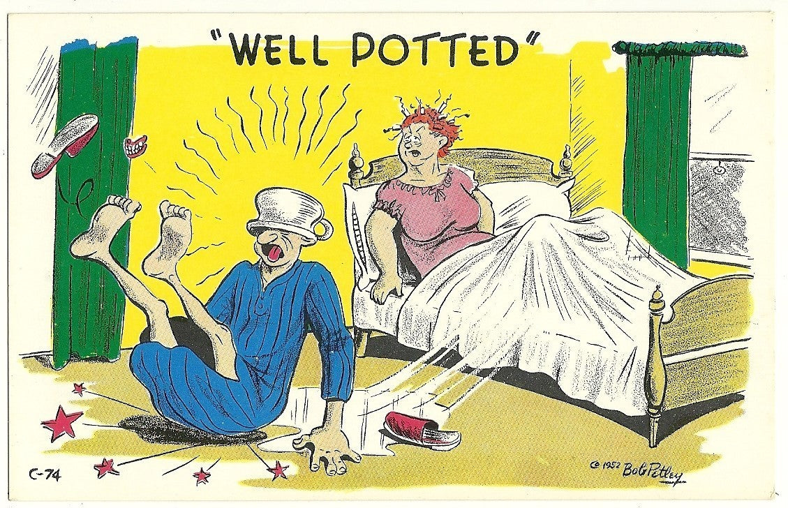 Husband has Chamber Pot on Head Artist Signed Bob Petley Comic Postcard C74