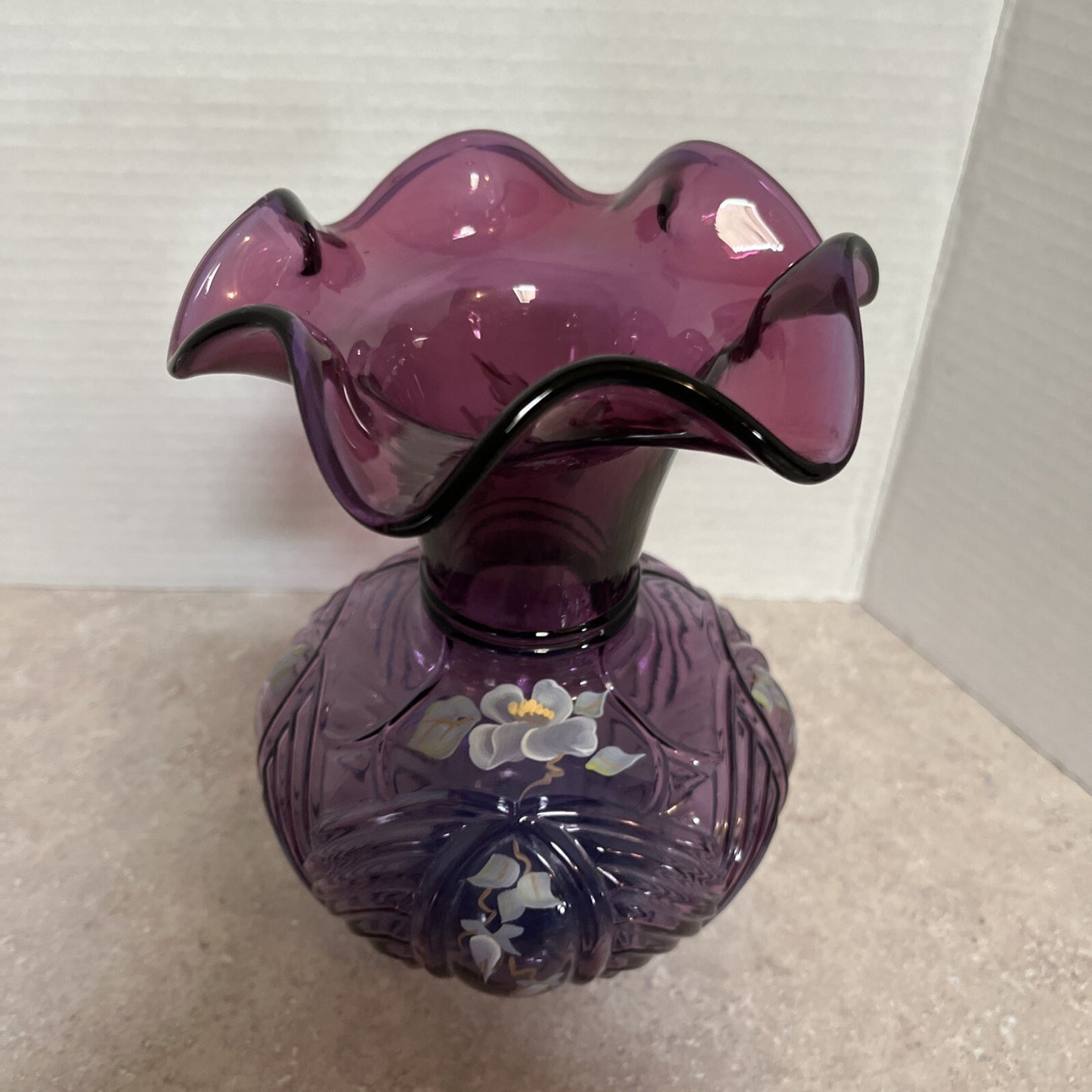 Fenton mullberry Melon Vase  H/P Floral Design, numbered & signed