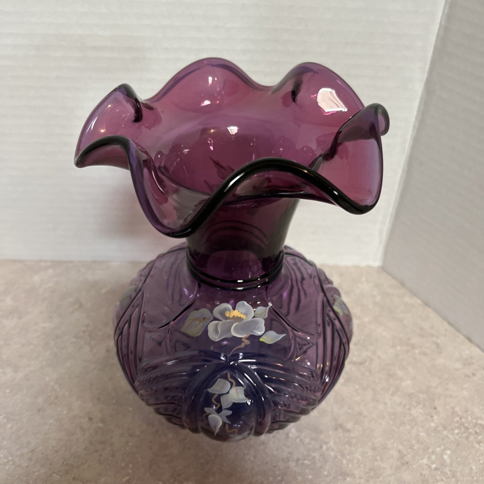 Fenton mullberry Melon Vase  H/P Floral Design, numbered & signed