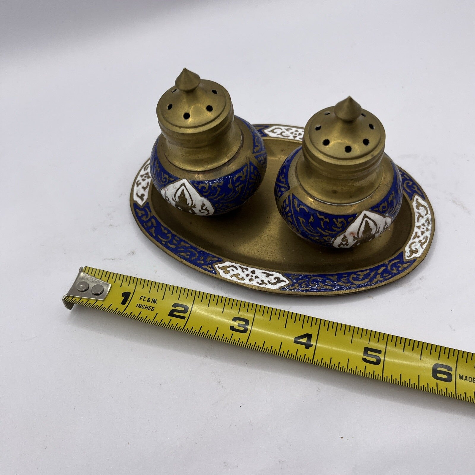 Vintage Brass Blue Enamel Salt Pepper Shakers Holder Tray set used