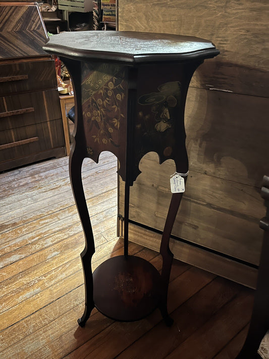 Antique French Wood Pedestal Plant Stands Hand Painted Scenes