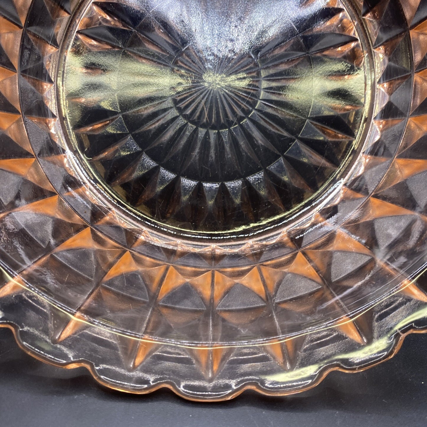 8.5" Vintage Pink Depression Glass Cube Diamond Scalloped Edge Bowl