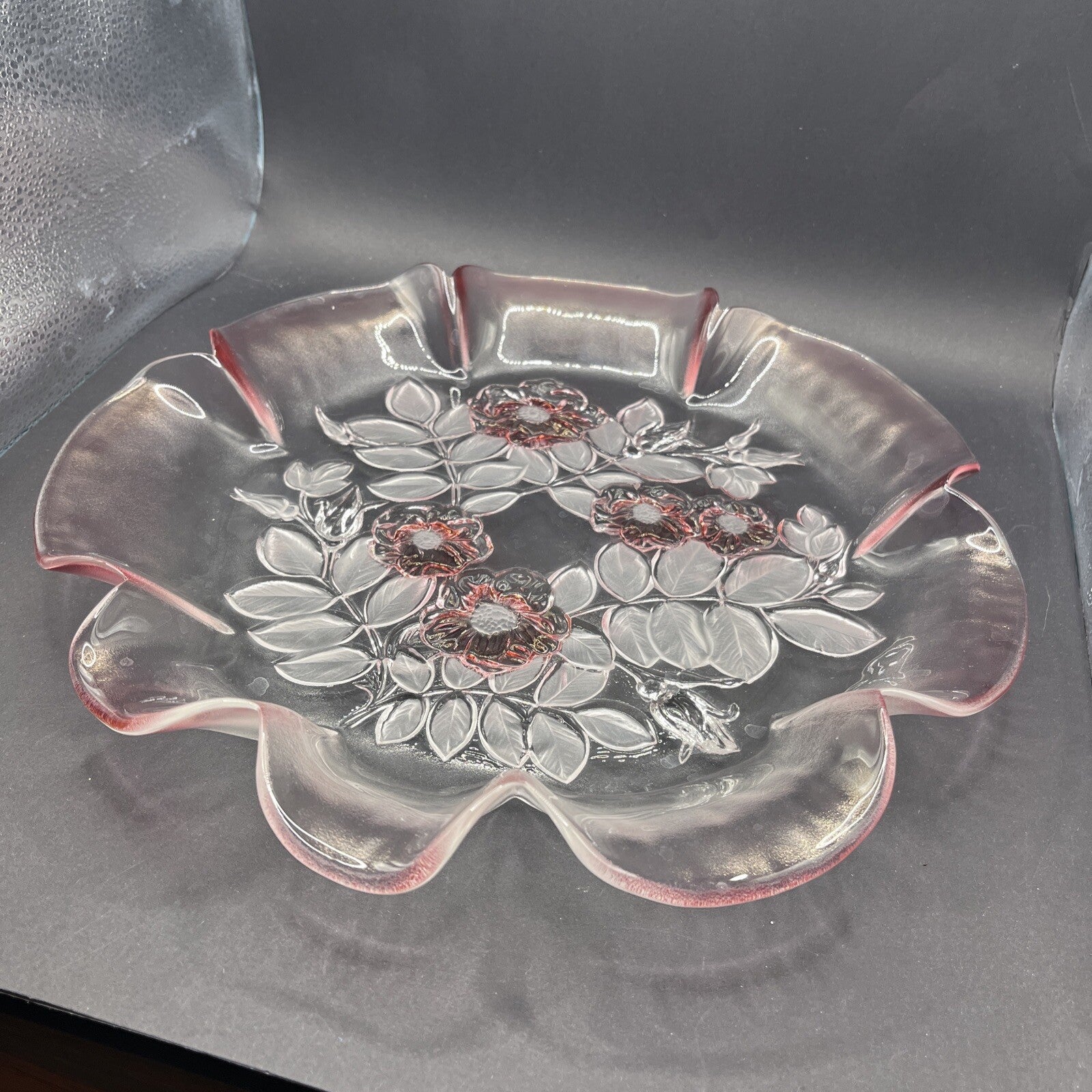 Vintage - Mikasa Crystal - Raised Roses Ruffled Serving Platter-13 in Diameter