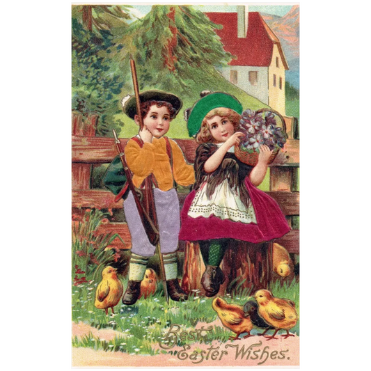 Best Easter Wishes Little Boy & Girl with Flowers & Chicks Vintage Silk Postcard