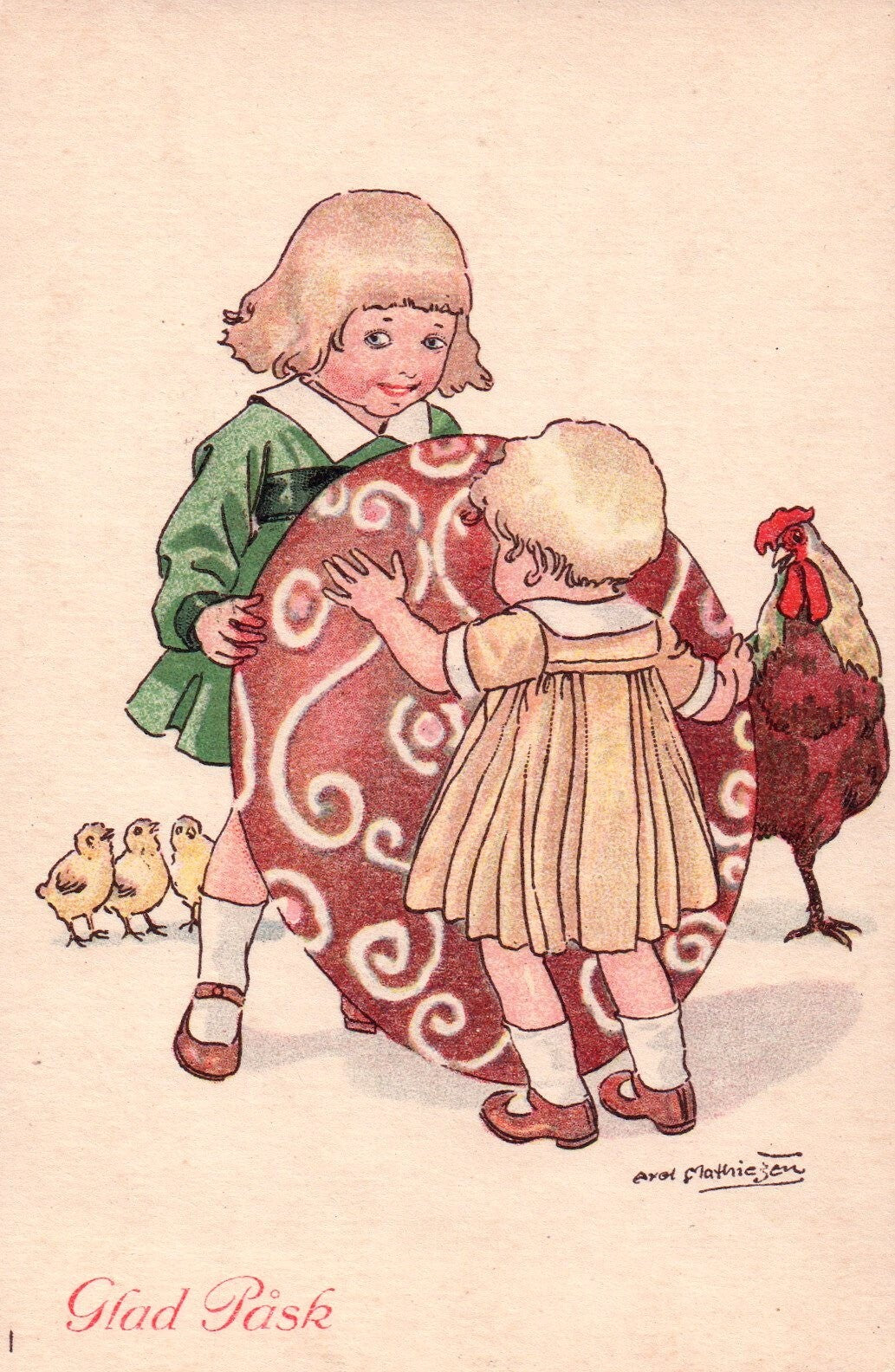 Glad  Pask Axel Mathiesen  Artist Girls Egg Rooster  Easter vintage postcard