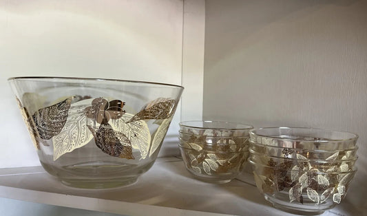 Vintage MCM Chip ‘n Dip Glass Salad Bowl Set Gold Leaf/Olive Design