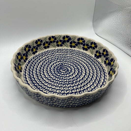 Polish Pottery Pie Quiche Dish Fluted Edge 9" - Blue Flower