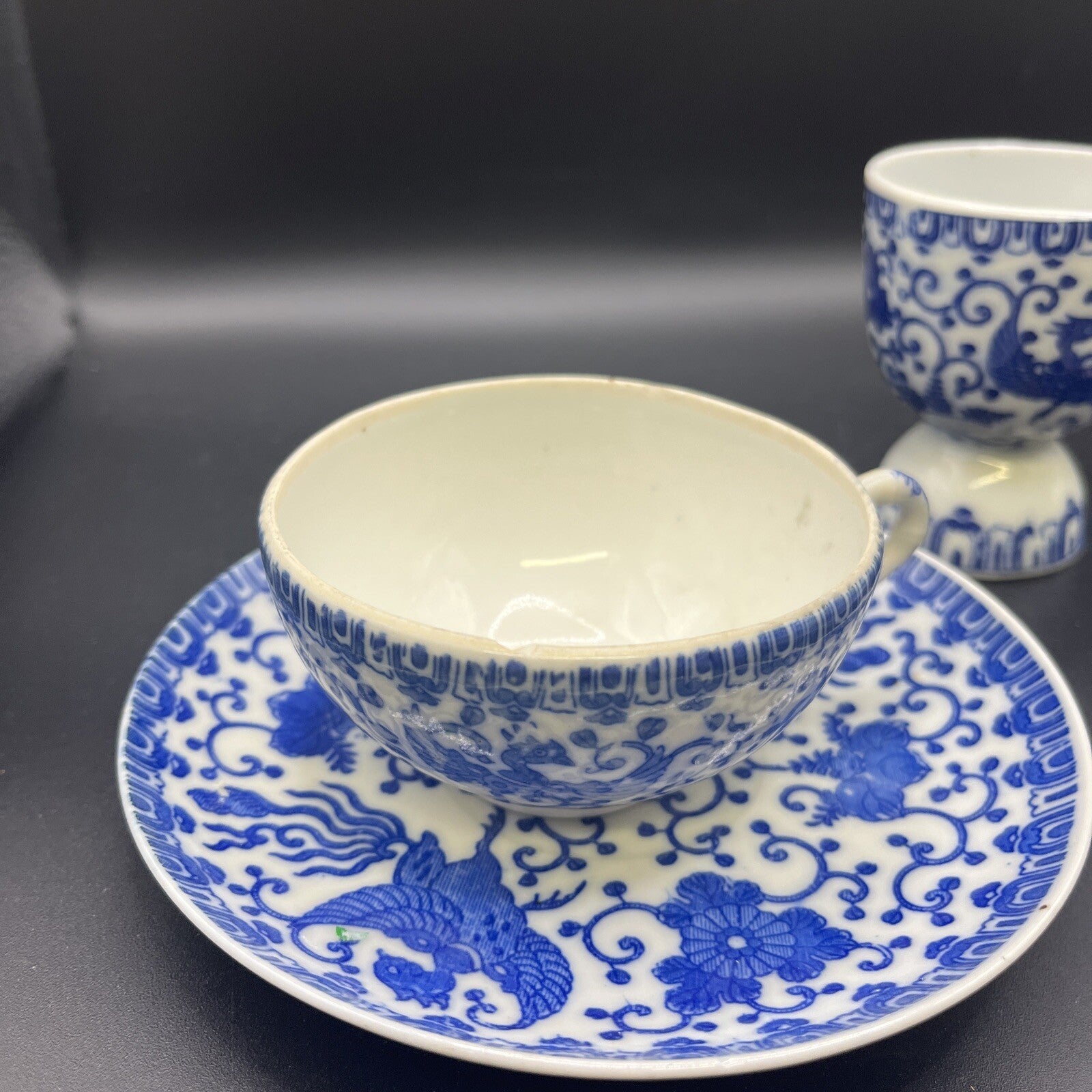Vintage 2 Blue Chintz Phoenix Bird Cup & Saucer & Egg Cup Made in Japan