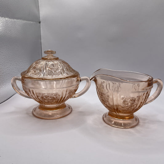 Federal Glass SHARON "Cabbage Rose" Pink Sugar Bowl w lid and pedestal MINT COND