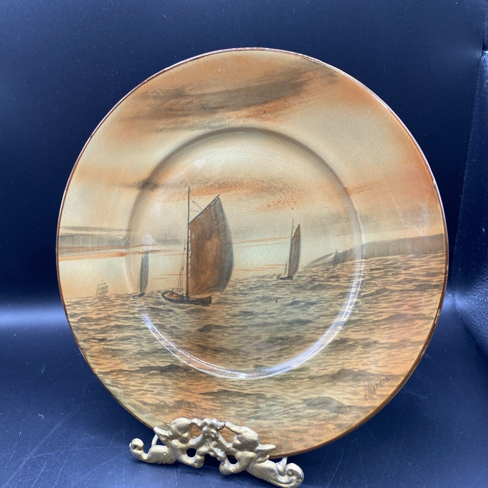 Antique 1912 Buffalo Pottery Abino Ware Nautical Ship Plate Signed C Harris