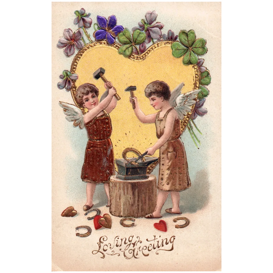 Loving Greeting Cherub Children Making Horseshoes Clovers Vintage Val Postcard
