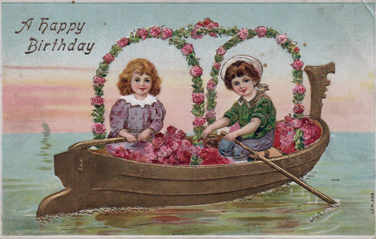 A Happy Birthday Boy & Girl in Boat with Flowers Series 698 Birthday Postcard