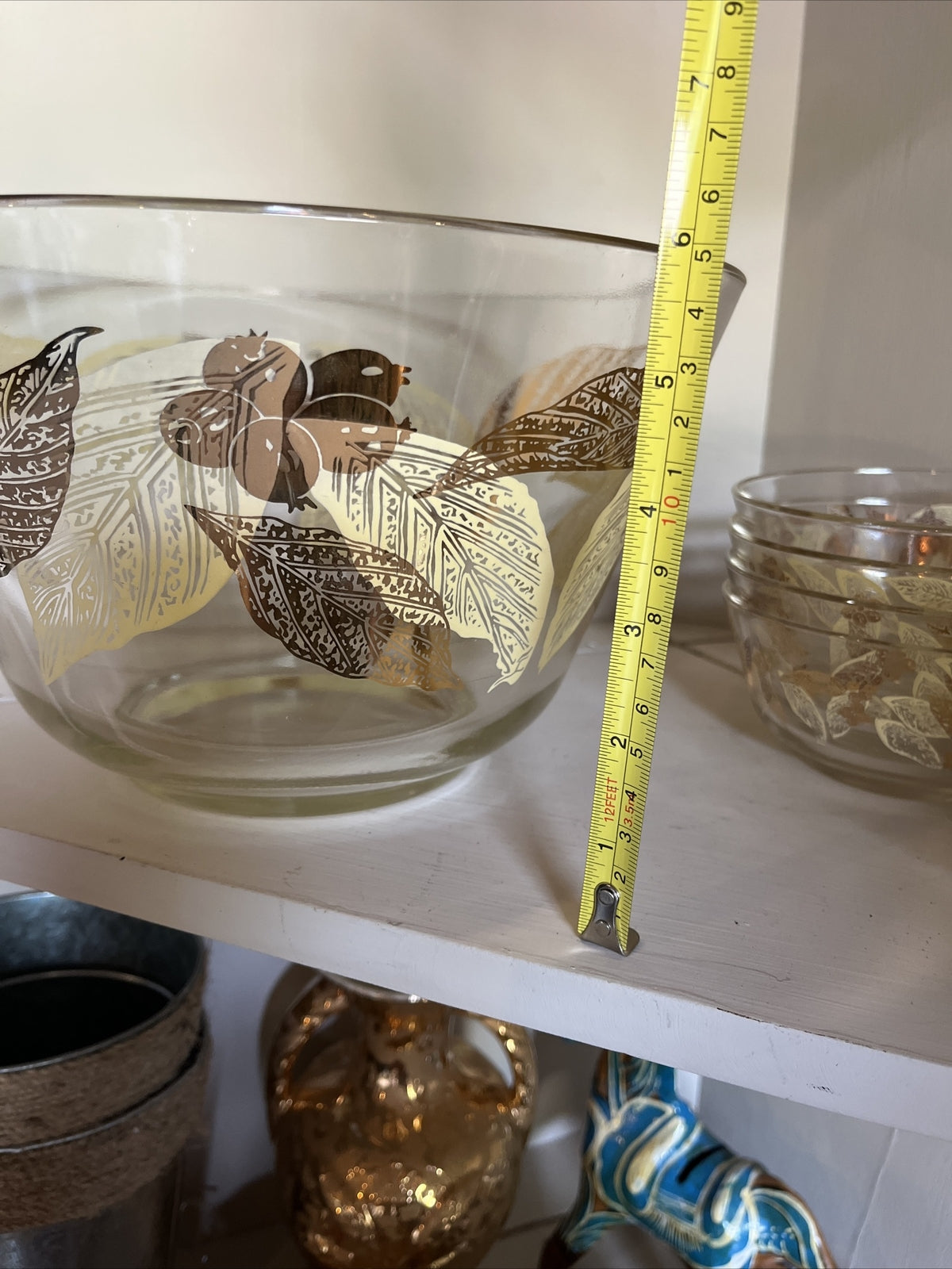 Vintage MCM Chip ‘n Dip Glass Salad Bowl Set Gold Leaf/Olive Design