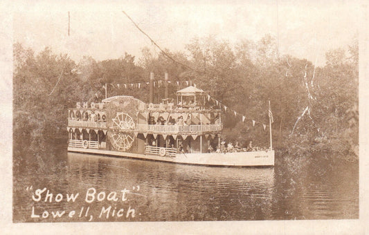 RPPC Show Boat in on Flat River in Lowell Michigan Mich MI Postcard