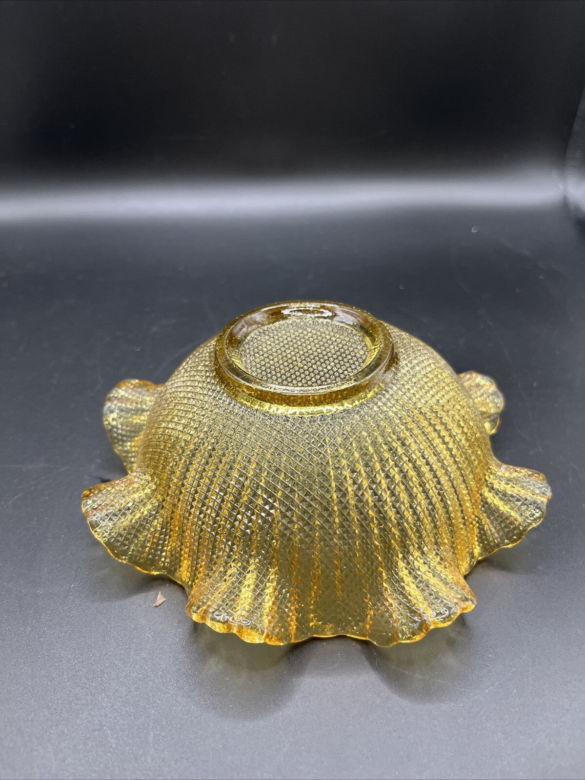 Vintage Amber Glass Waffle Pattern Bowl With Ruffled Edge