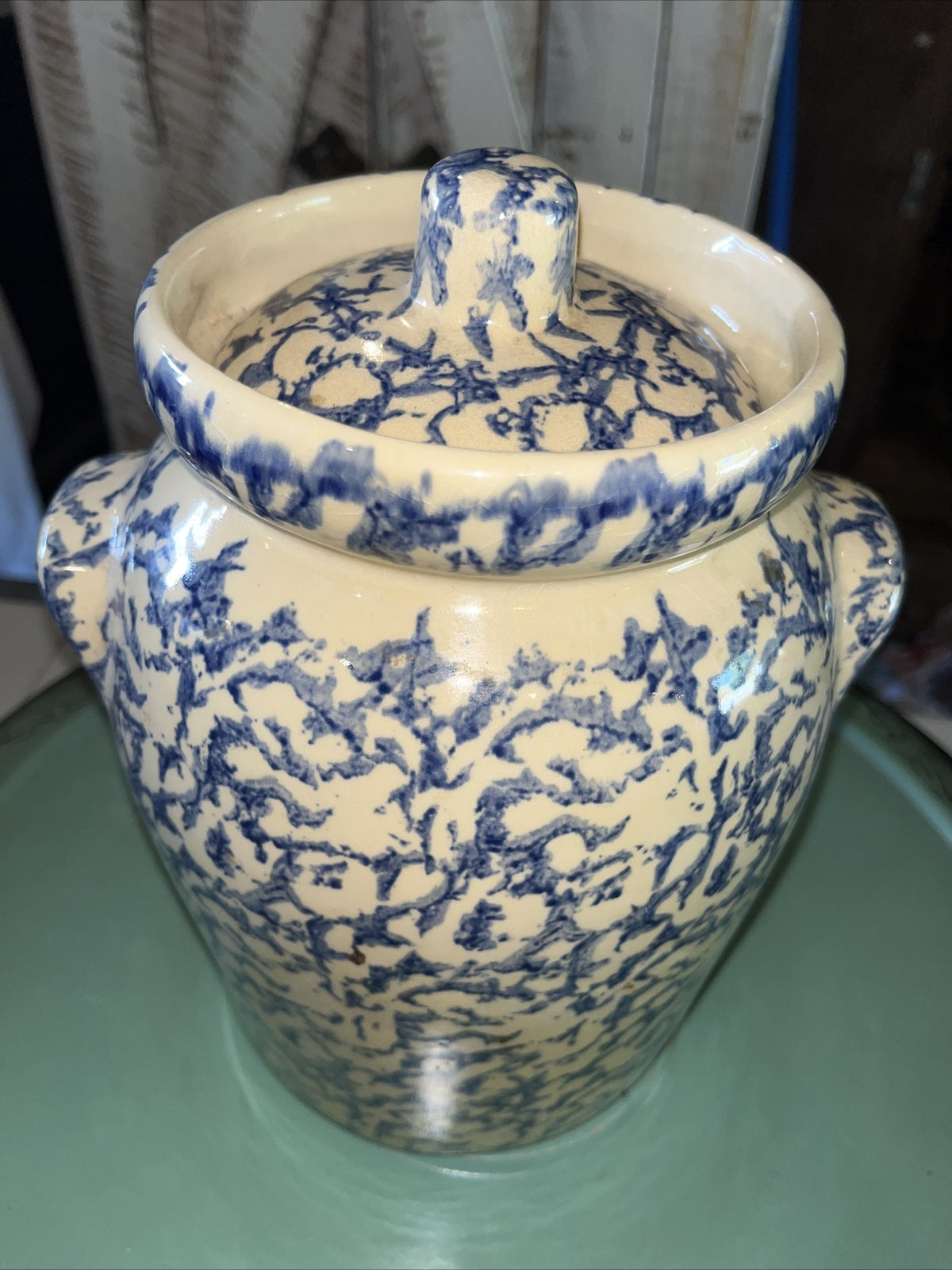 Robinson Ransbottom BLUE Sponge ware 4 Qt  LIDDED CANISTER Roseville USA