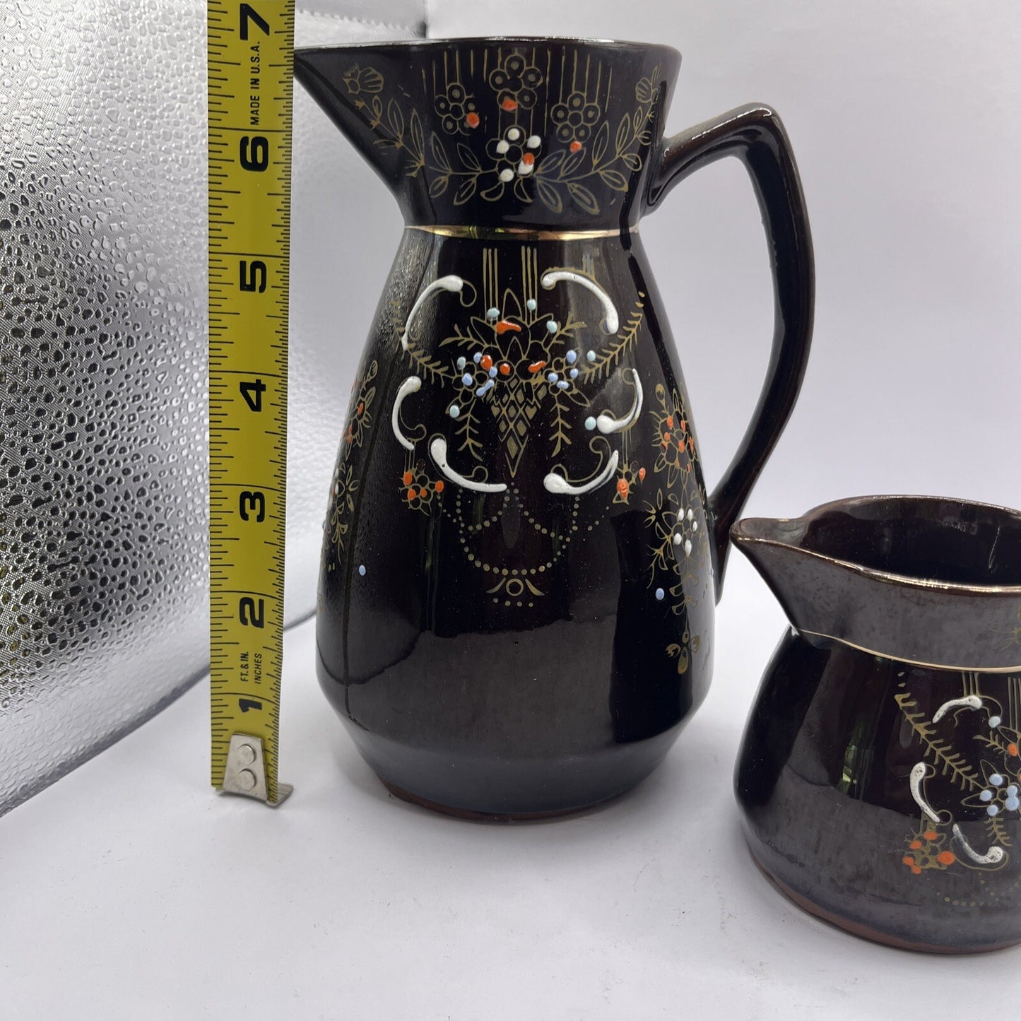 Vintage Brown Betty Pitcher & Creamer hand painted gold gilded Redware Moorage
