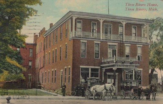 3 Three Rivers House horses carriages Three Rivers Michigan MI Mich Postcard