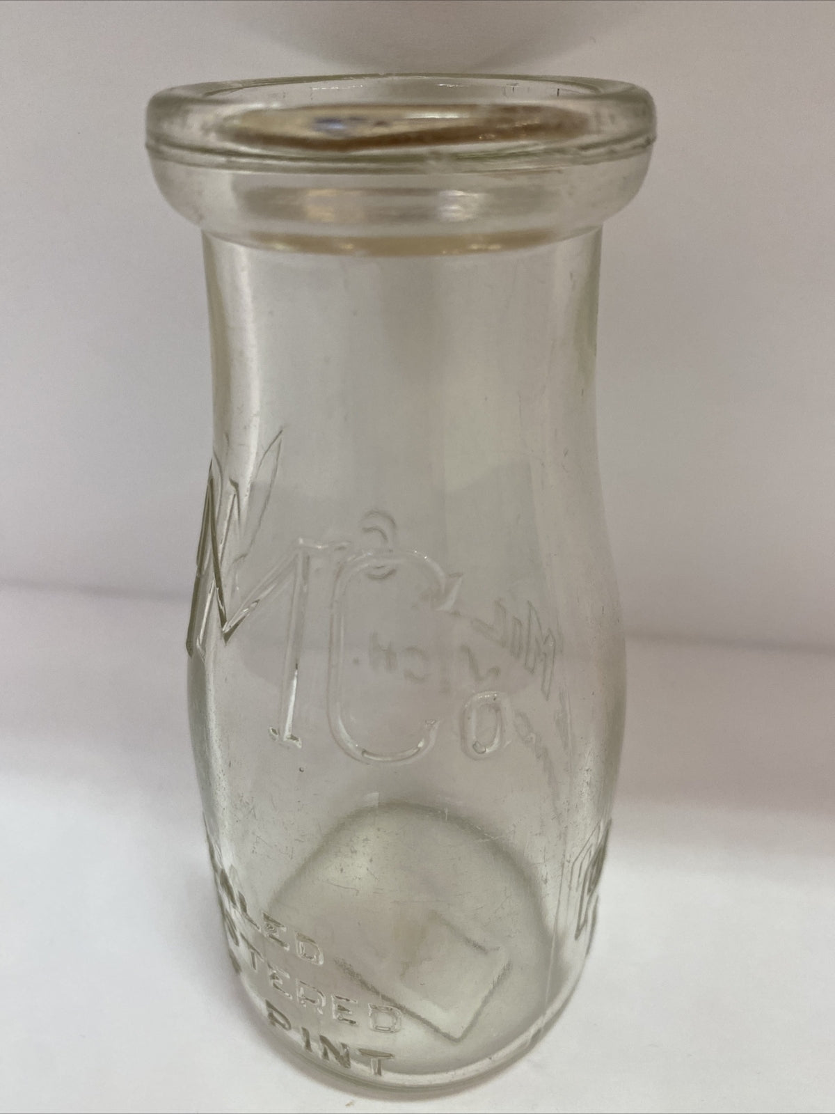Pure Milk Dairy Co Lansing MI Michigan 1/2 pt half pint milk bottle clear PM Co