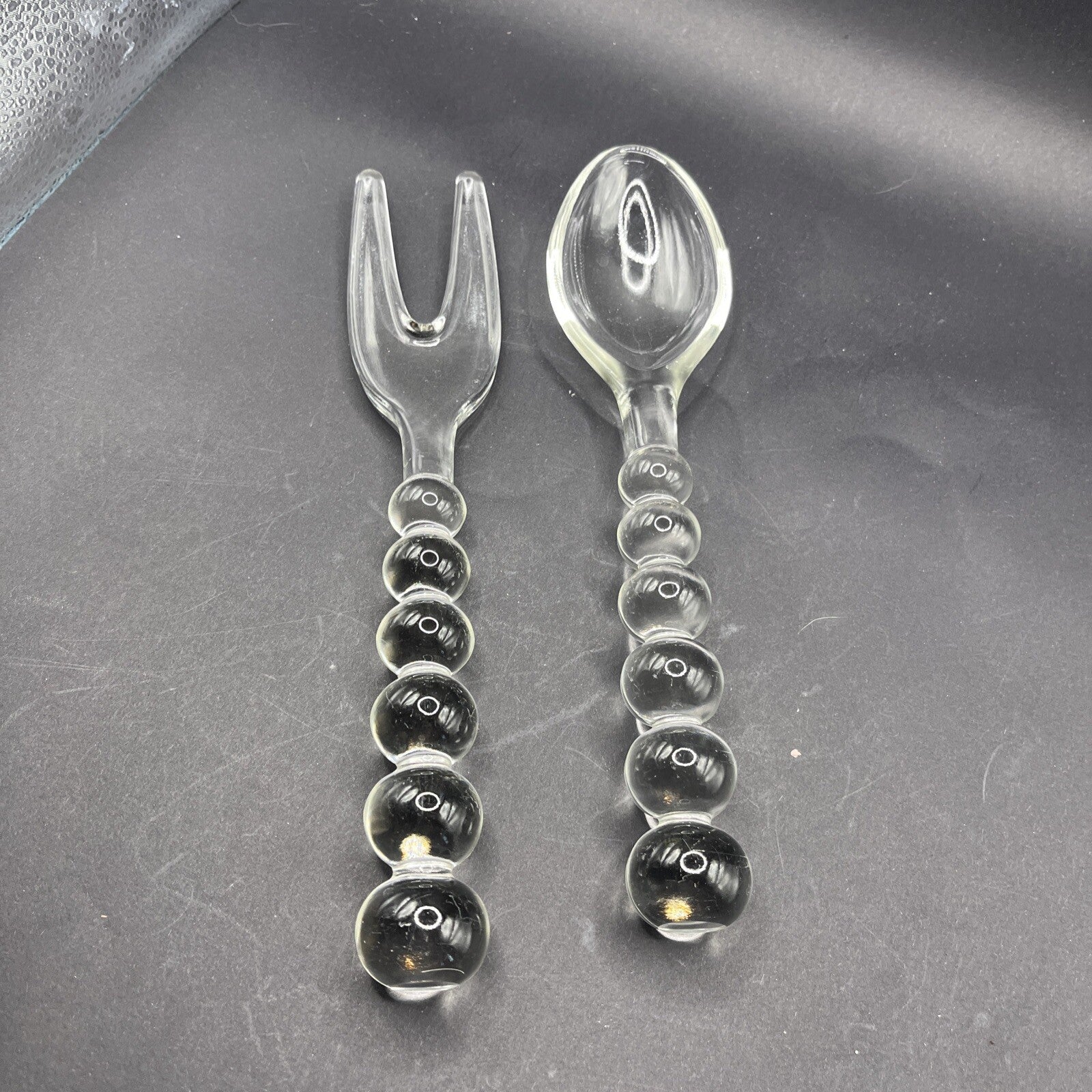 Vintage IMPERIAL GLASS CANDLEWICK Bubble Spoon & Fork Serving Set. Ex. Condition