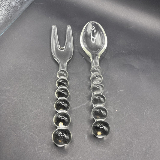Vintage IMPERIAL GLASS CANDLEWICK Bubble Spoon & Fork Serving Set. Ex. Condition