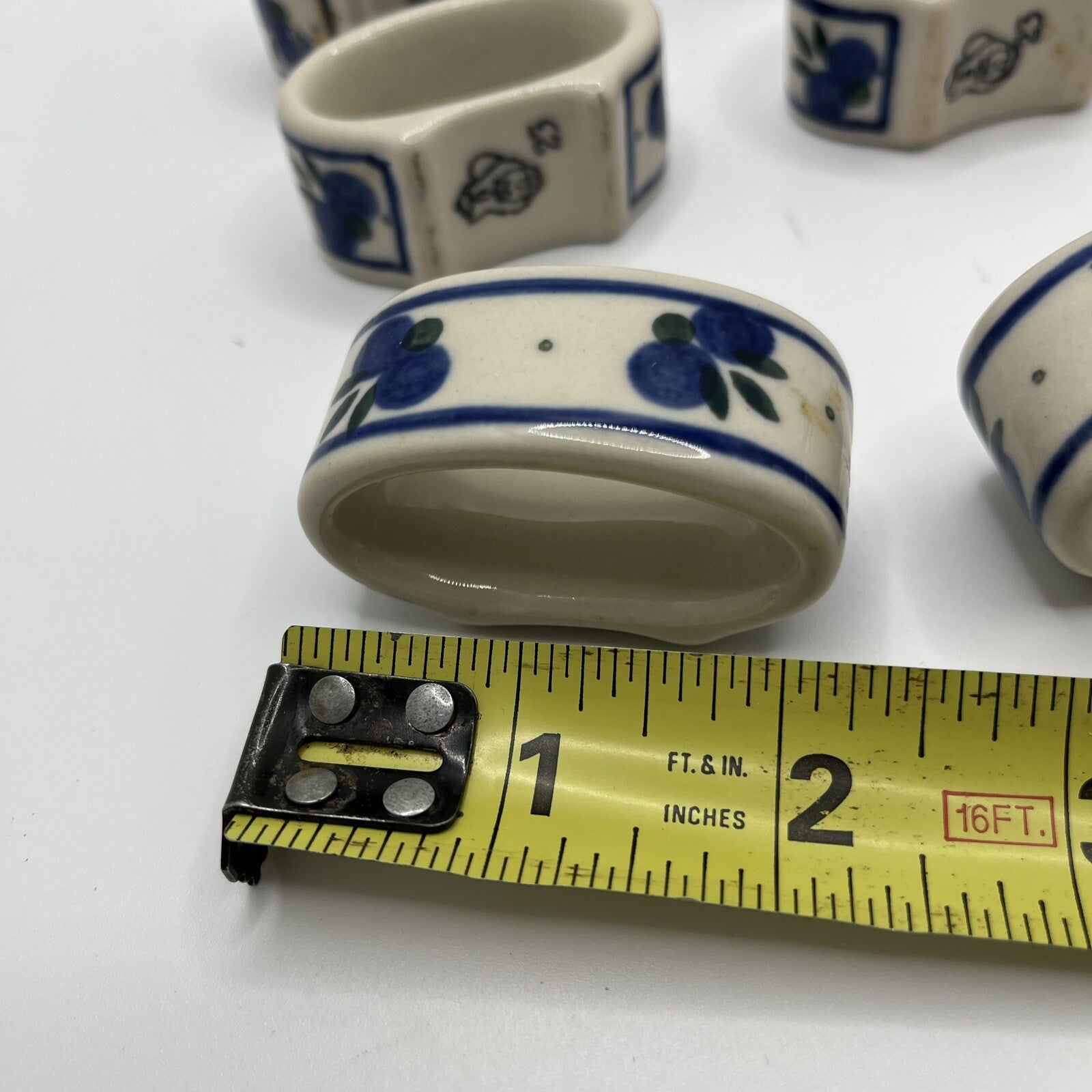 4 Polish Pottery Napkin Rings Hand Painted Floral Blue Cream Yellow