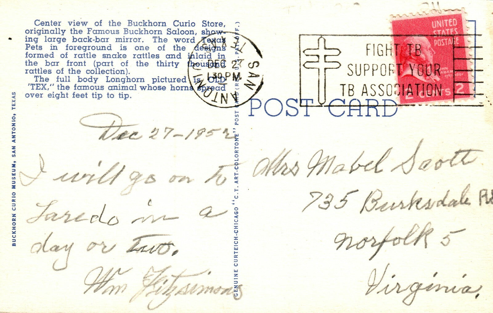 Buckhorn Curio Store Saloon Museum San Antonio  Tex Texas TX Postcard  