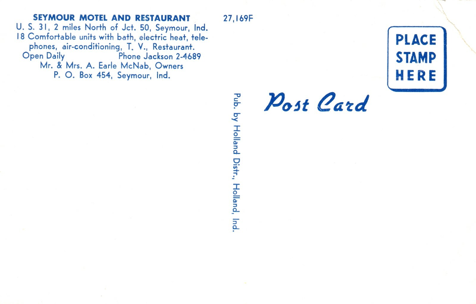 Seymour Motel & Restaurant US 31 2 Miles N of JCT 50 Seymour Indiana IN Postcard