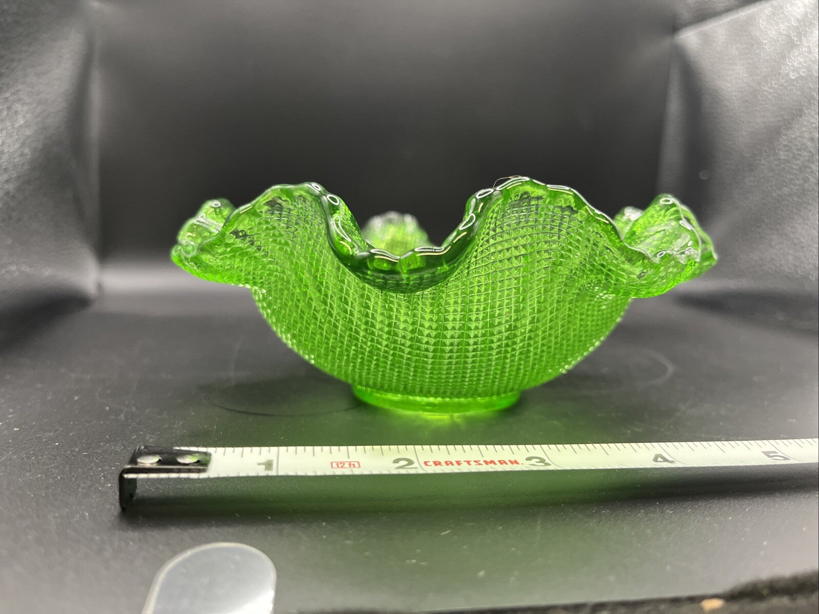 Vintage Green Glass Waffle Pattern Bowl With Ruffled Edge