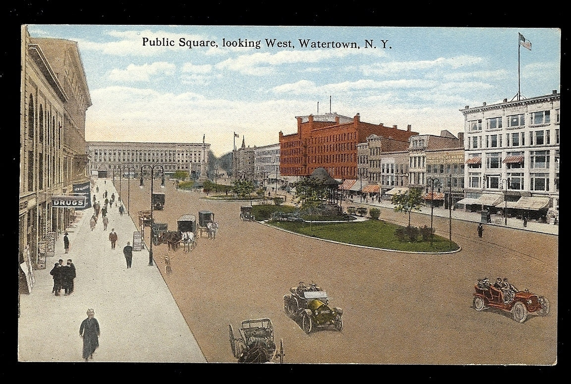Public Square Looking West with Cars Watertown NY Postcard