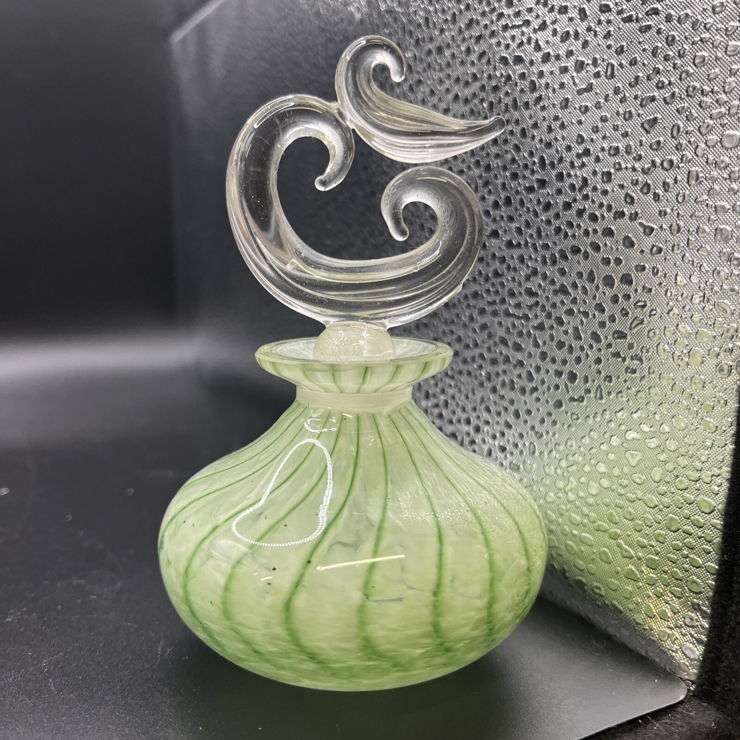 Art Glass Satin Blown Swirl Drape Motif Perfume Bottle Green Clear Stopper Vtg