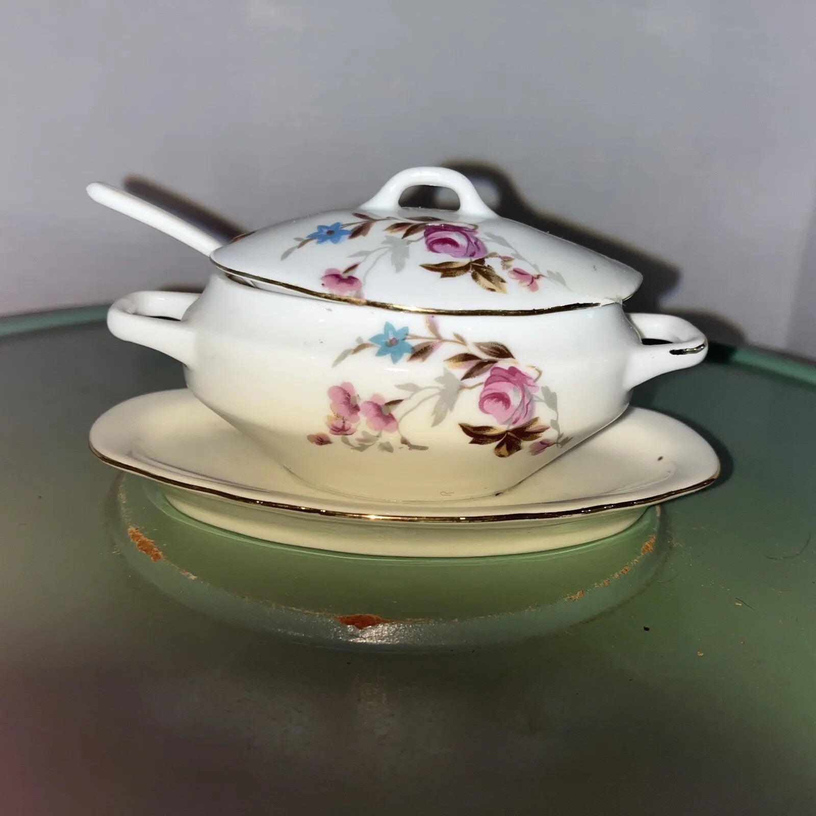 Vintage Royal Crown  #1446N Condiment Mustard Sugar Tureen Blue Floral 
