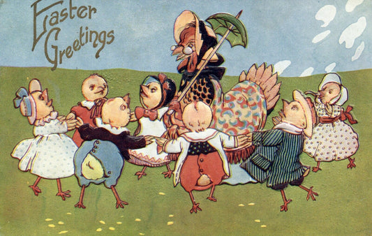 Easter Greetings Hen Watching Over Chicks Dancing Vintage Easter Postcard