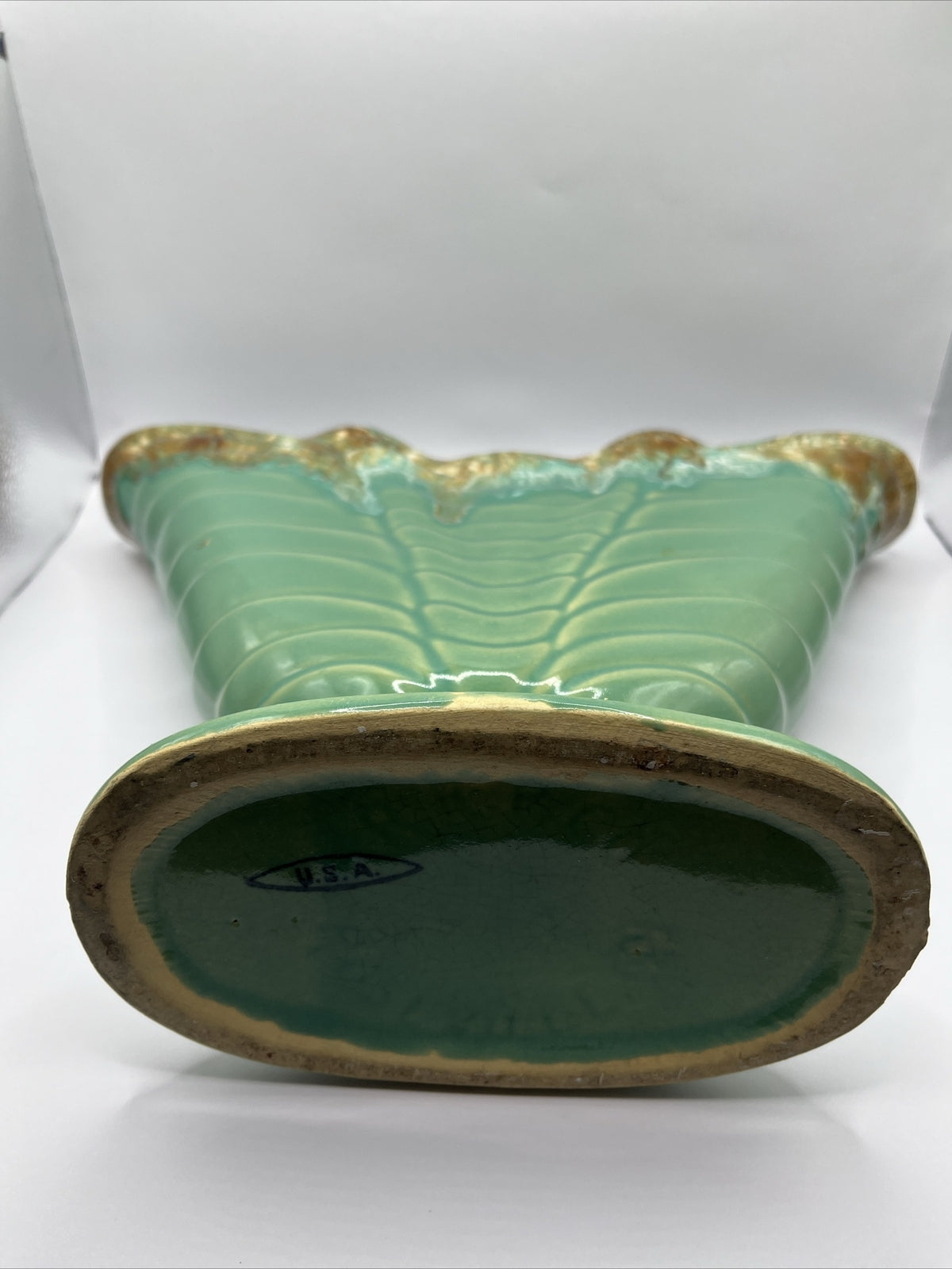 Vintage Roseville Pottery, Triple Drip Fan Vase, Teal green