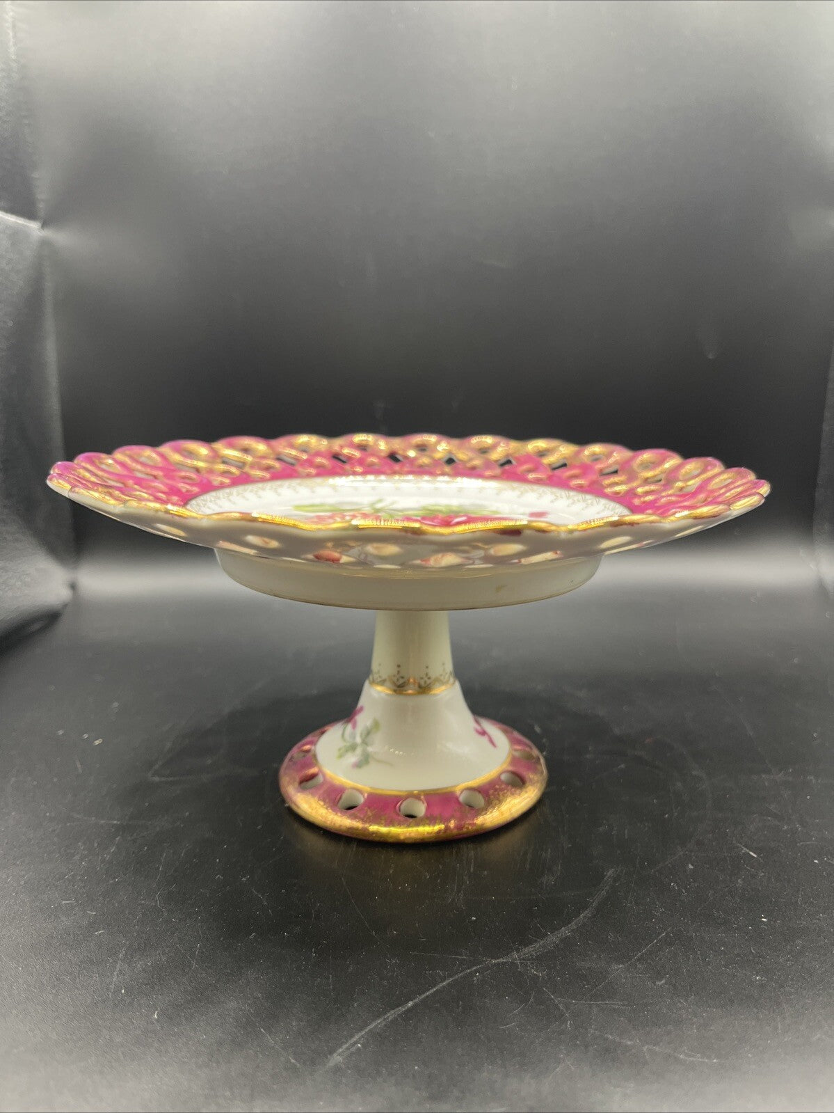 Vintage Pedestal Serving Bowl Floral Design Reticulated 7.5”