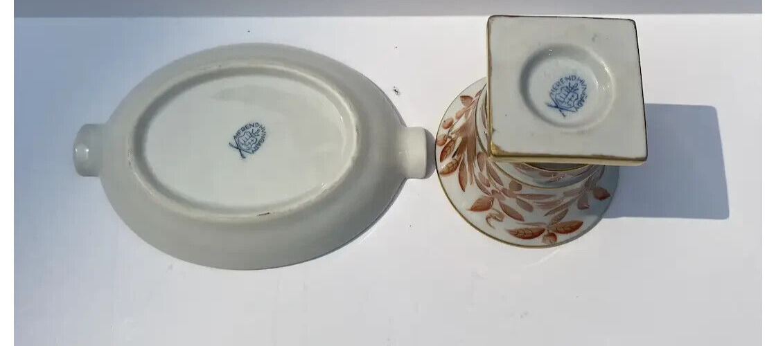 Vintage Herend Hungary Porcelain Small Footed Cache Vase Matching Ashtray Bird