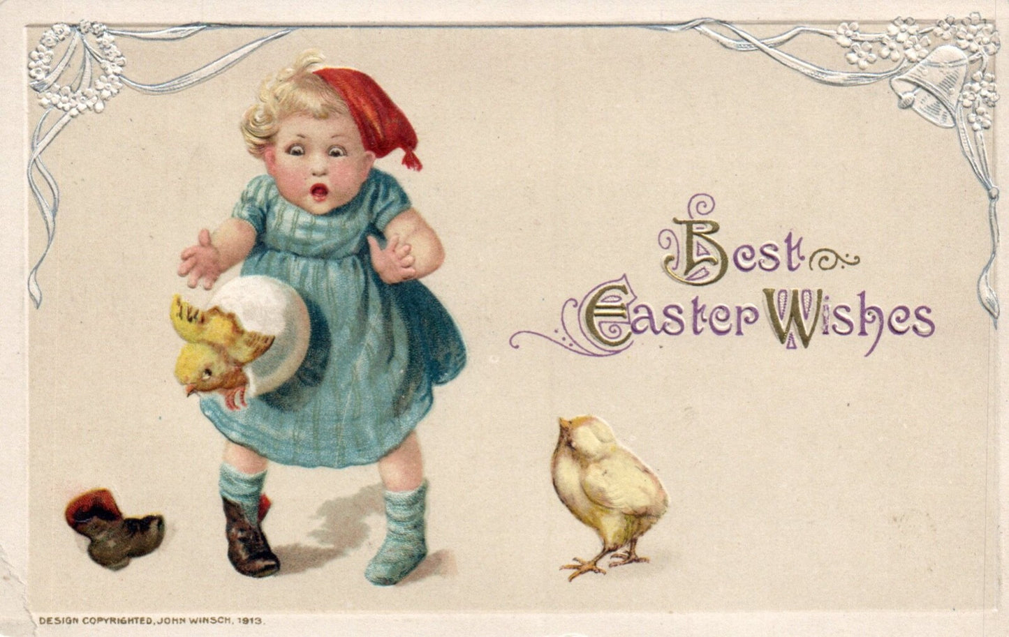 John Winsch Best Easter Wishes Little Girl Drops Egg w/ Chick Vintage Postcard