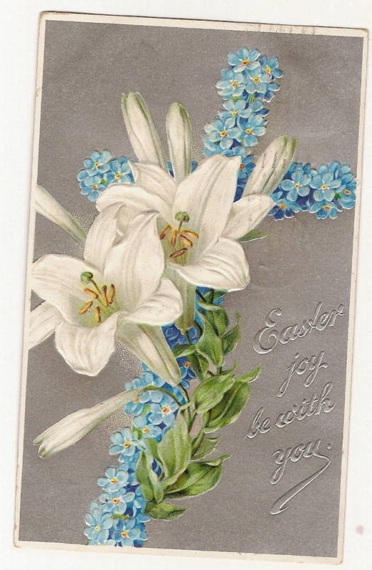 Lily on Cross Easter Postcard Forget Me Nots