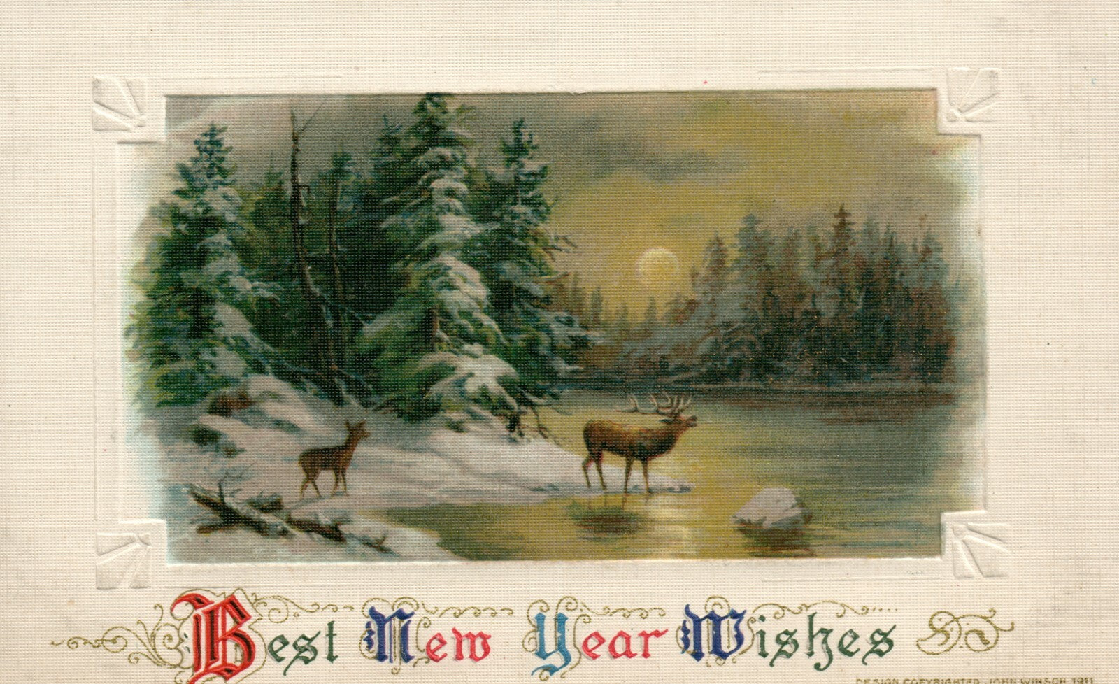 Night Winter Scene Buck in Foreground Gold Embossed Happy New Year Postcard