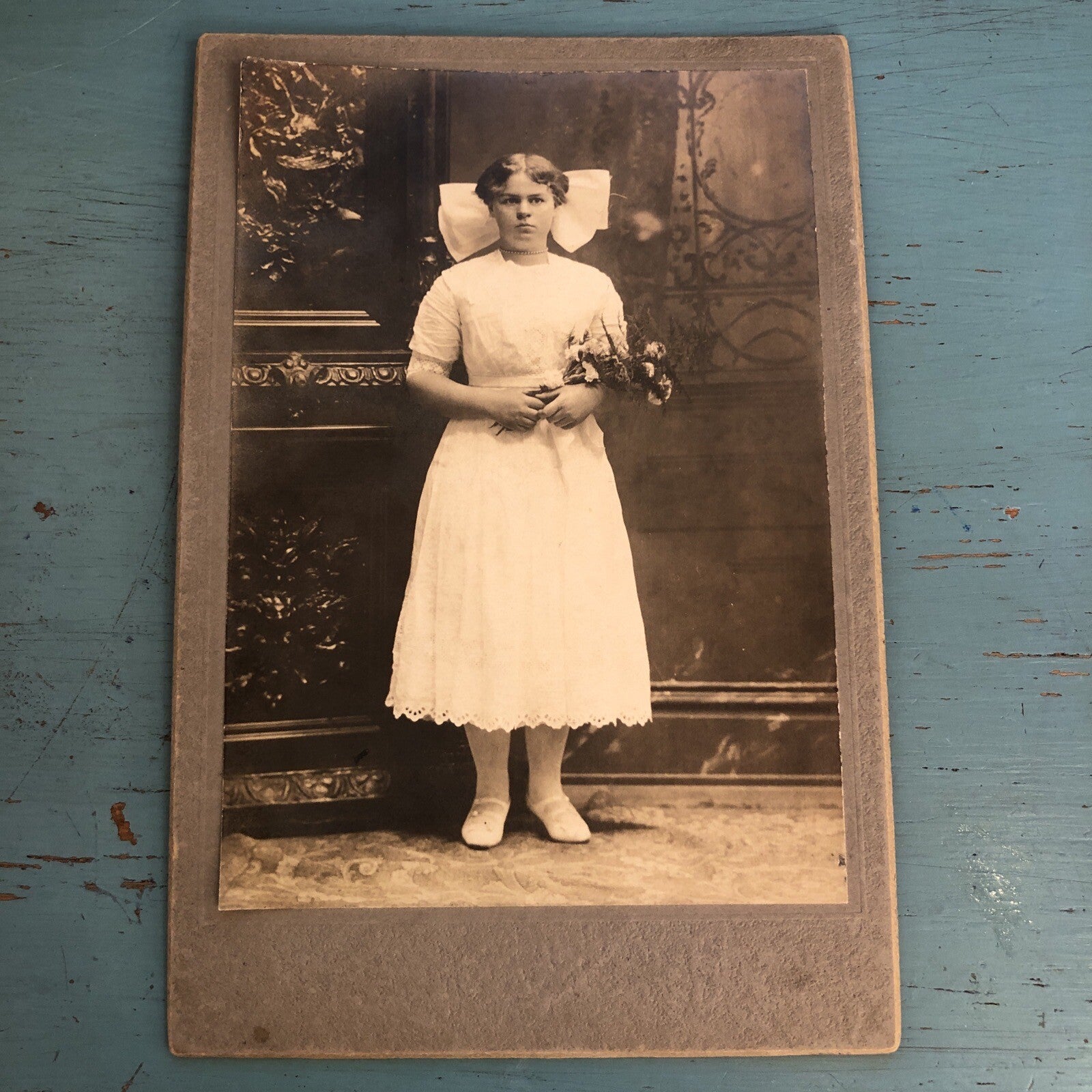 Real Photo CDV Young Girl fancy Dress Flowers Big Bow in Hair "Helen Anderson"