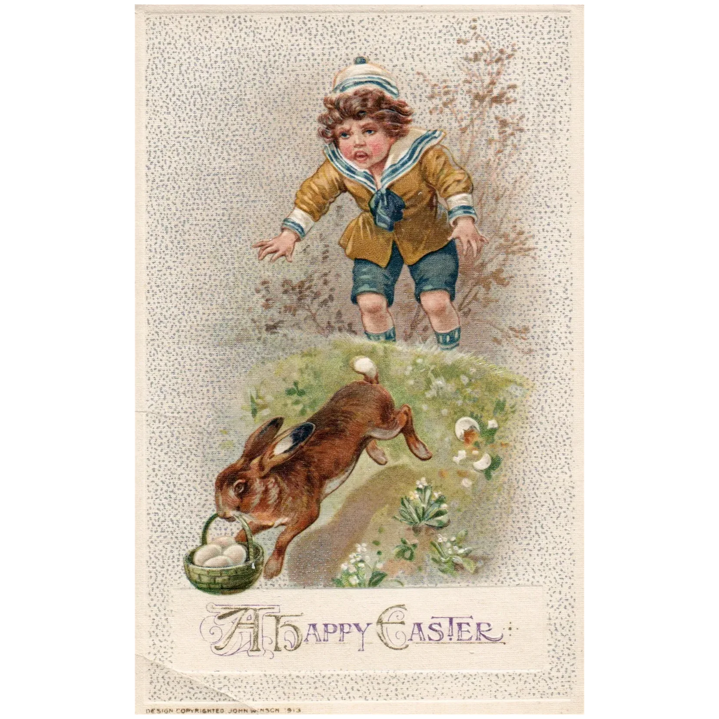 John Winsch A Happy Easter Little Boy Chasing Rabbit Egg Basket Easter Postcard