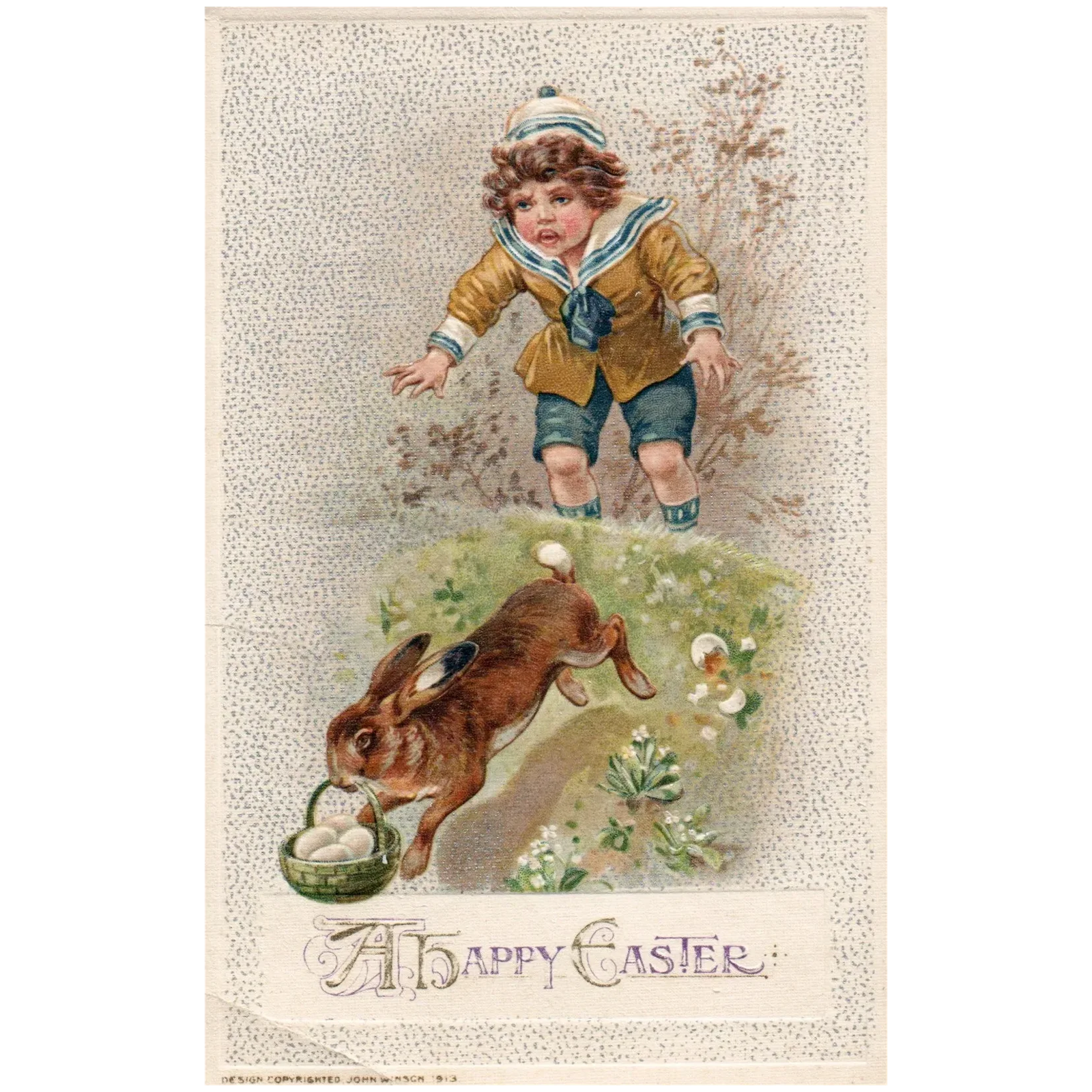 John Winsch A Happy Easter Little Boy Chasing Rabbit Egg Basket Easter Postcard