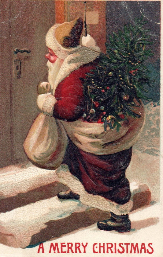 A Merry Christmas Santa Delivering Toys In the Night Vintage Santa Postcard